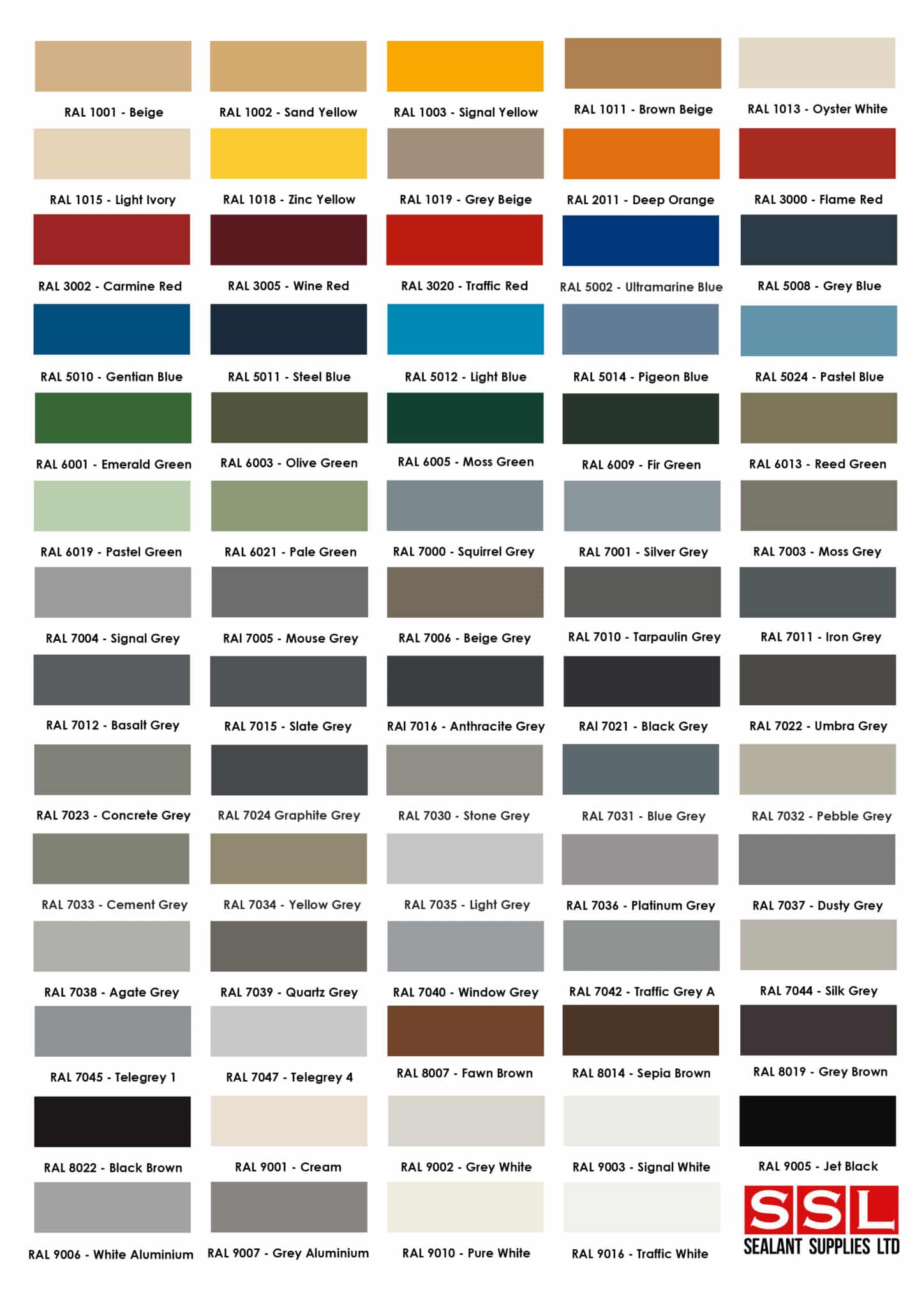 Silicone Colour Chart